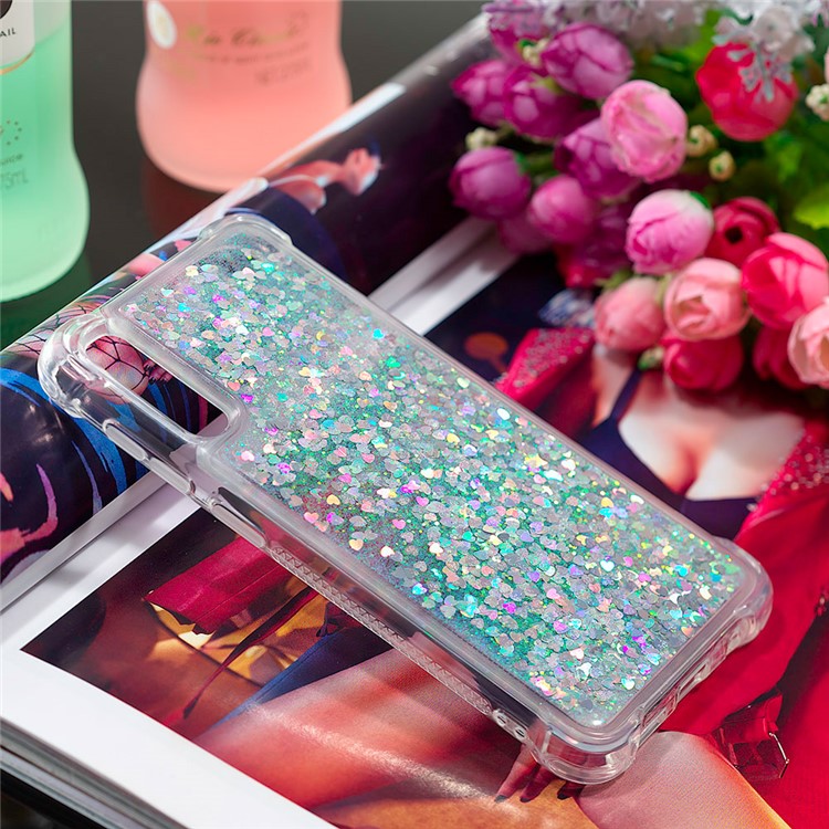 Liquid Glitter Powder Patterned Quicksand Shockproof TPU Back Casing for Samsung Galaxy A50 - Silver Love Hearts-7