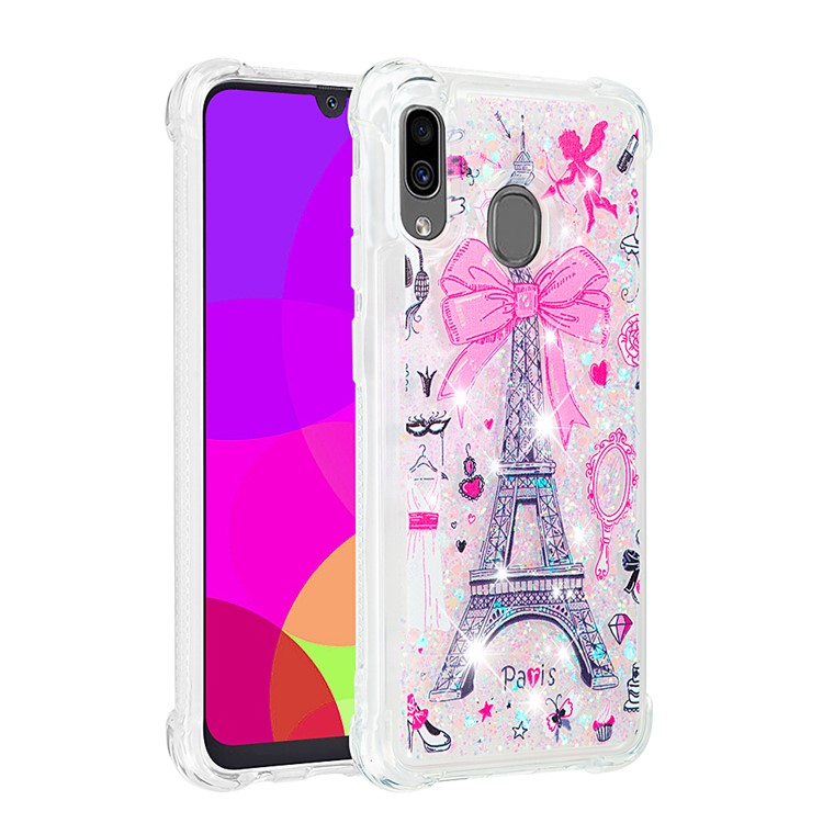 Liquid Glitter Powder Patterned Quicksand Shockproof TPU Back Case for Samsung Galaxy A30 / A20 - Eiffel Tower with Bowknot-3