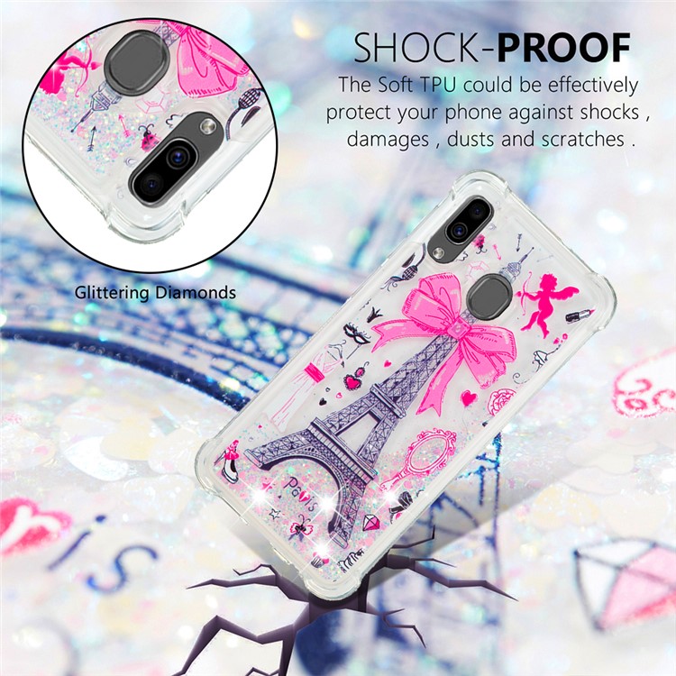 Liquid Glitter Powder Patterned Quicksand Shockproof TPU Back Case for Samsung Galaxy A30 / A20 - Eiffel Tower with Bowknot-6