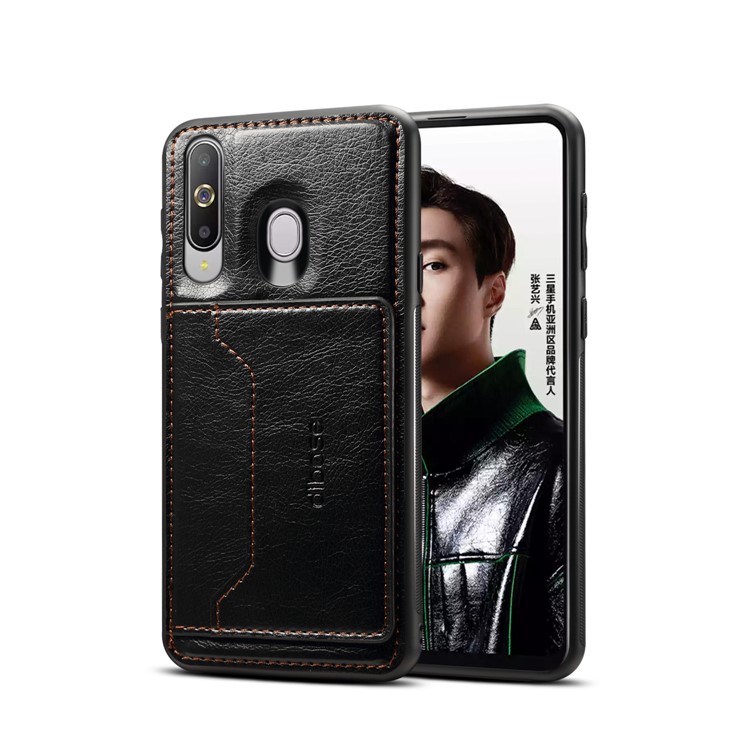 Crazy Horse Leather Coated TPU Case with Card Holder Kickstand for Samsung Galaxy A60 - Black-1