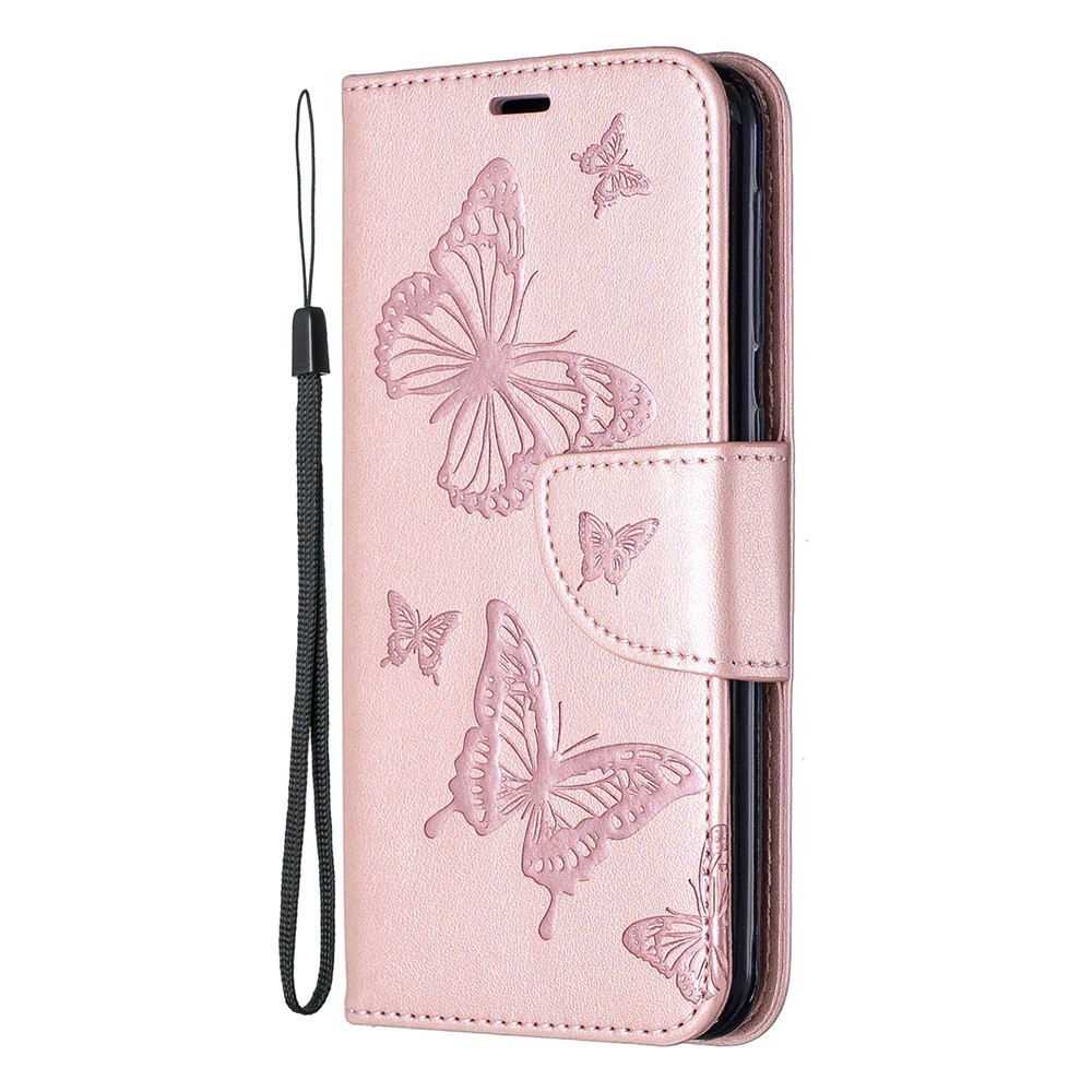 Etui Portefeuille En Cuir PU Avec Papillon Et Dragonne Pour Samsung Galaxy A20e - Or Rose-2