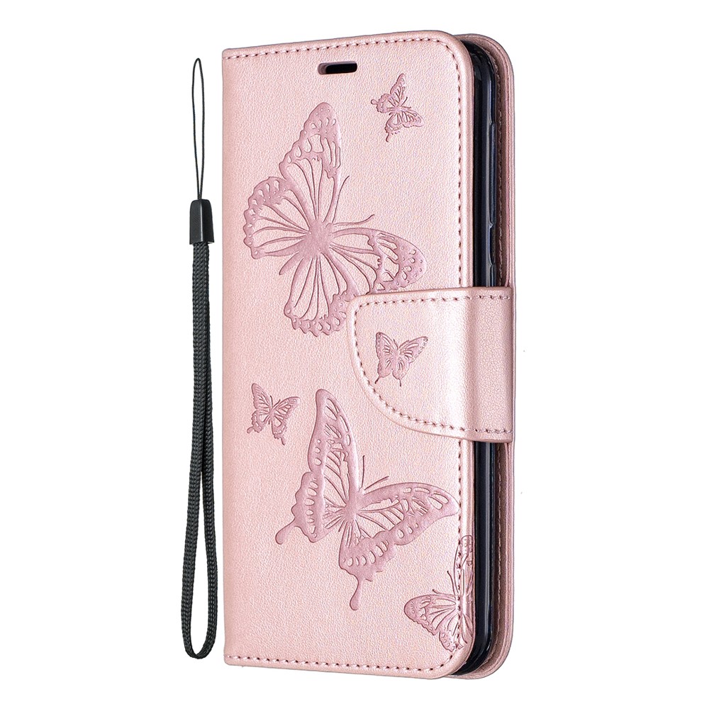 Caixa de Carteira de Couro Com Borboletas Com Borboleta Com Cinta Para a Samsung Galaxy A20e - Rosa Ouro-2