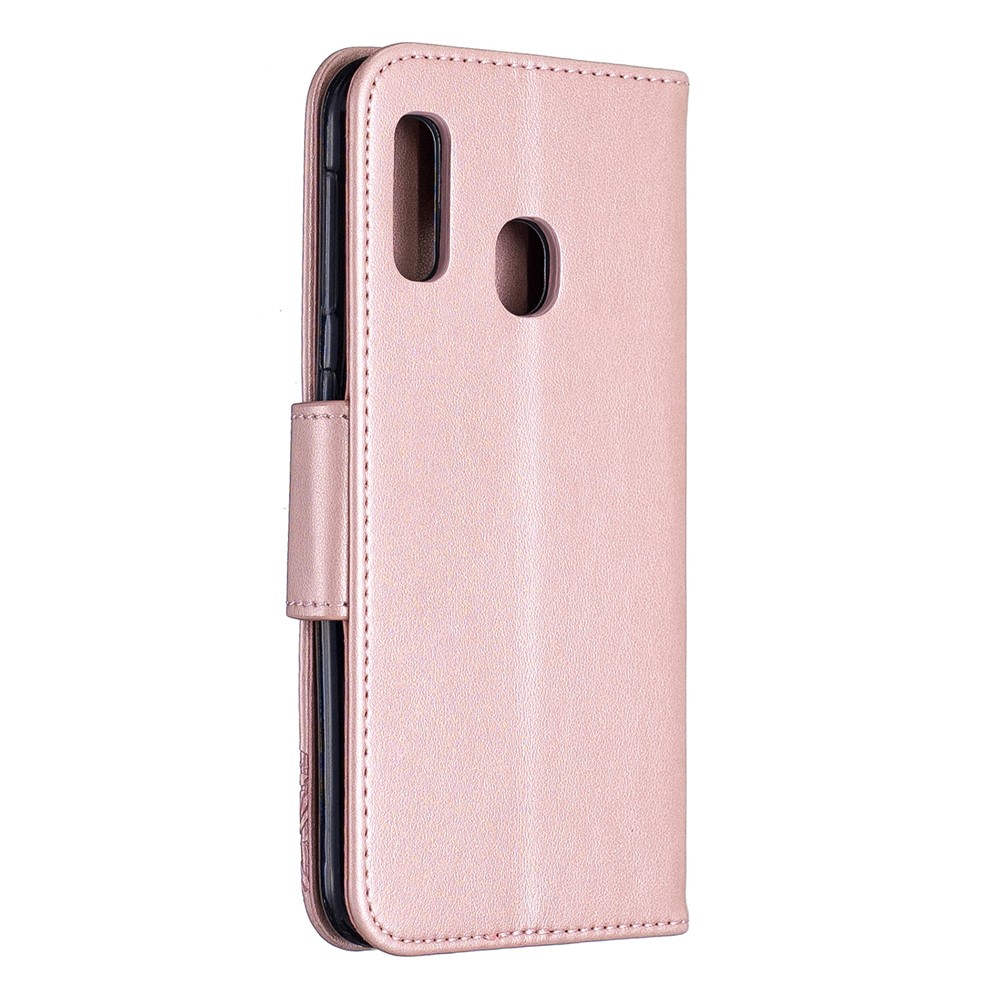 Caixa de Carteira de Couro Com Borboletas Com Borboleta Com Cinta Para a Samsung Galaxy A20e - Rosa Ouro-3