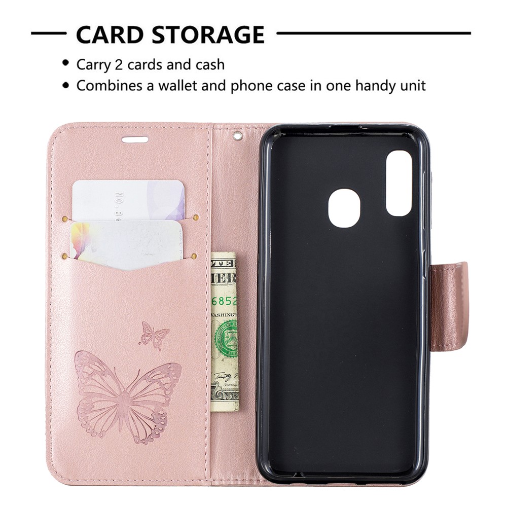 Etui Portefeuille En Cuir PU Avec Papillon Et Dragonne Pour Samsung Galaxy A20e - Or Rose-6