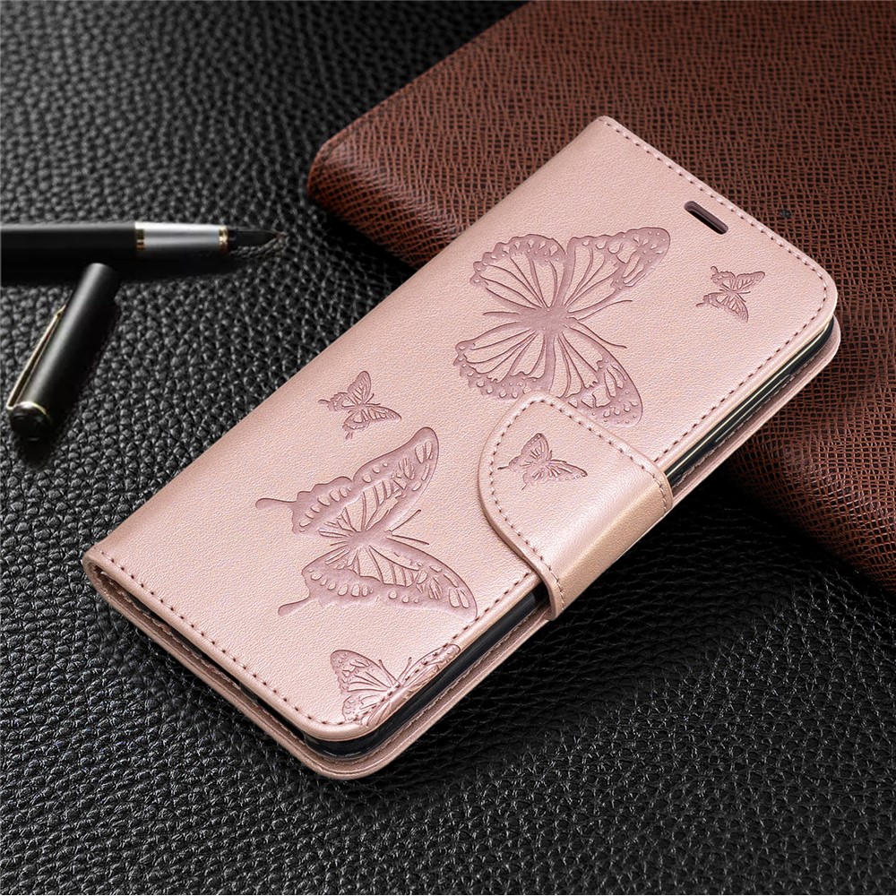 Etui Portefeuille En Cuir PU Avec Papillon Et Dragonne Pour Samsung Galaxy A20e - Or Rose-7