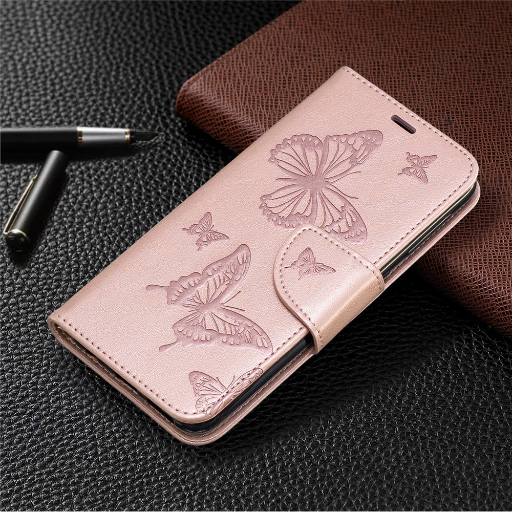 Imprint Butterfly PU Кожаный Кошелек Flip Case с Ремешком Для Samsung Galaxy A20e - Розовое Золото