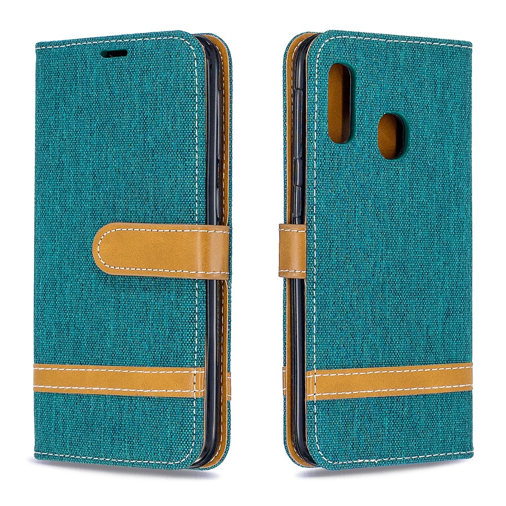 Case de Billetera de Cuero de Tela de Jeans Para Samsung Galaxy A20e - Verde-4