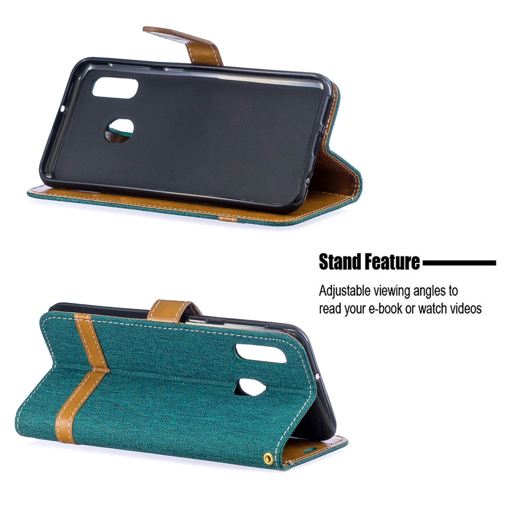 Case de Billetera de Cuero de Tela de Jeans Para Samsung Galaxy A20e - Verde-5