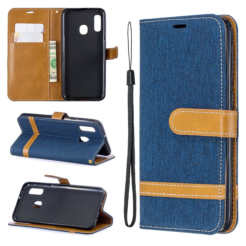 Jeans Cloth Leather Wallet Case for Samsung Galaxy A20e - Dark Blue-1