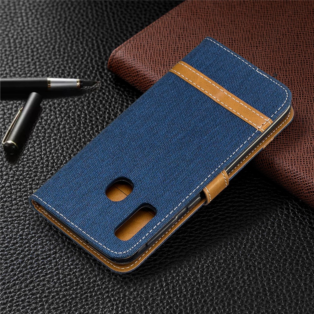 Jeans Cloth Leather Wallet Case for Samsung Galaxy A20e - Dark Blue-8