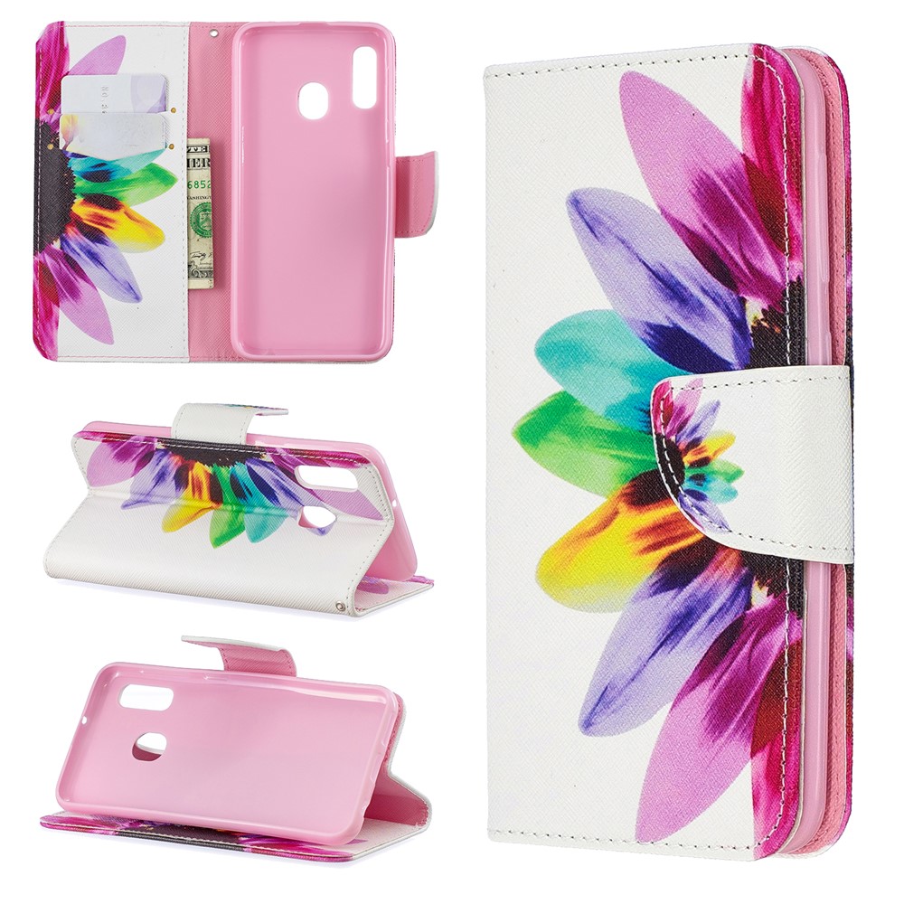 Pattern Printing Leather Wallet Case for Samsung Galaxy A20e - Colorful Petals-1