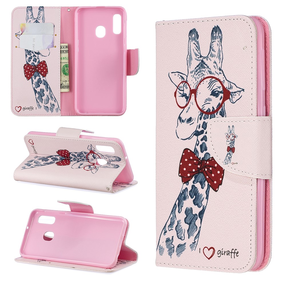 Pattern Printing Leather Wallet Case for Samsung Galaxy A20e - Adorable Giraffe Wearing Glasses-1