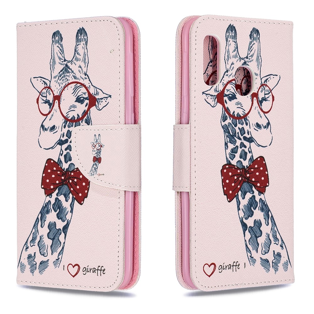 Pattern Printing Leather Wallet Case for Samsung Galaxy A20e - Adorable Giraffe Wearing Glasses-4