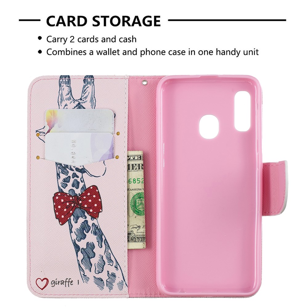 Pattern Printing Leather Wallet Case for Samsung Galaxy A20e - Adorable Giraffe Wearing Glasses-6