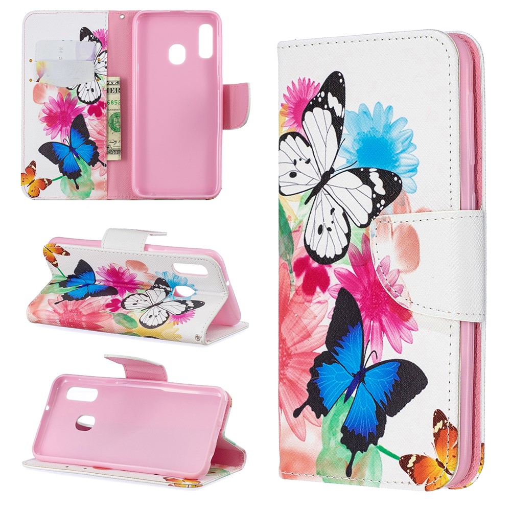 Pattern Printing Leather Wallet Case for Samsung Galaxy A20e - Vivid Butterflies-1