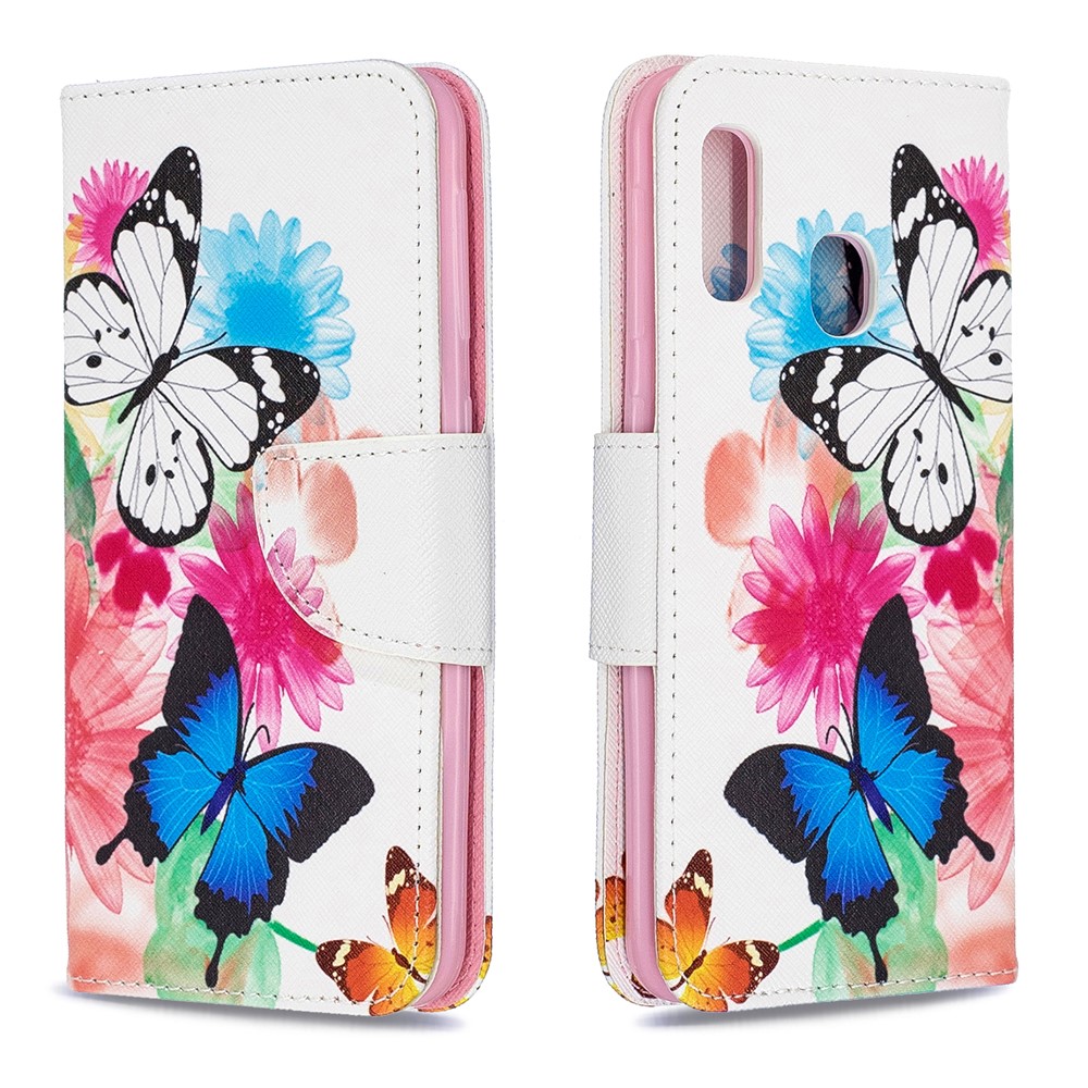 Estuche de Billetera de Cuero de Impresión de Patrones Para Samsung Galaxy A20e - Mariposas Vívidas