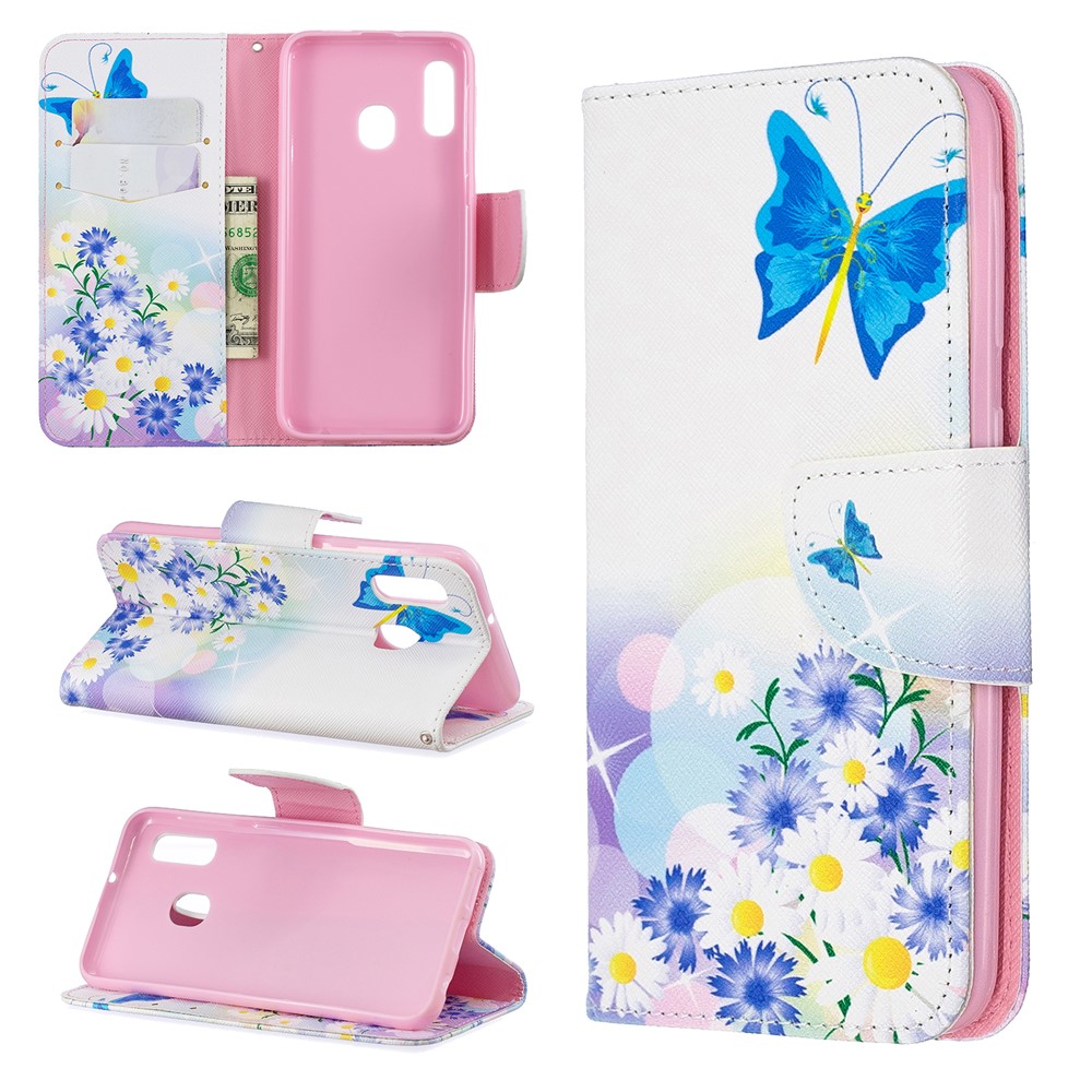 Custodia A Portafoglio In Similpelle Per Samsung Galaxy A20e - Farfalla Blu E Fiori-1