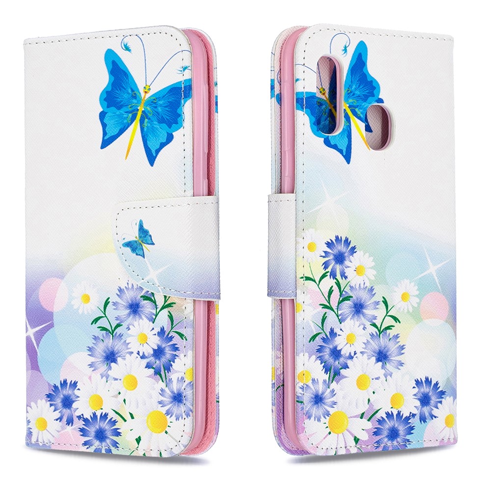 Custodia A Portafoglio In Similpelle Per Samsung Galaxy A20e - Farfalla Blu E Fiori-4