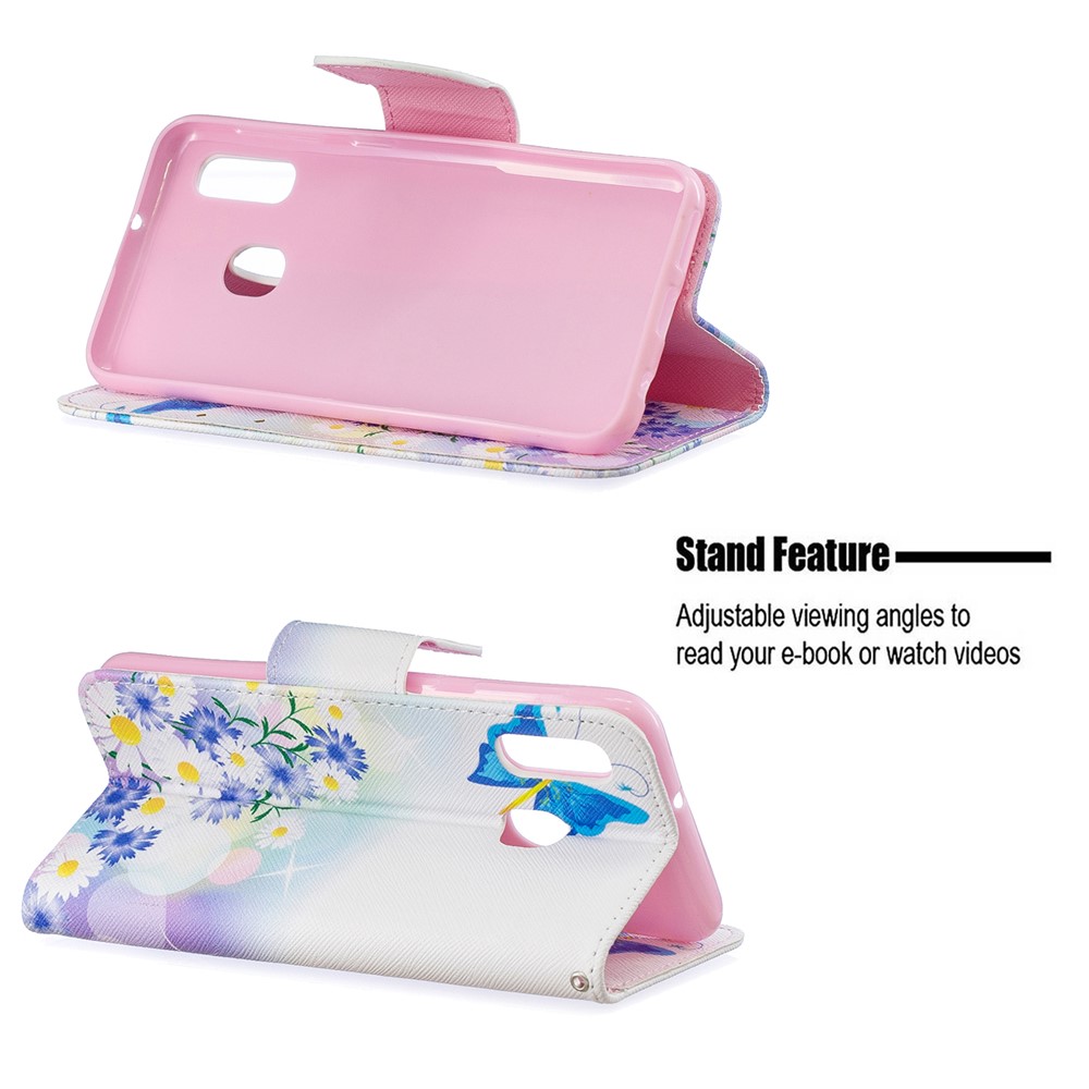 Custodia A Portafoglio In Similpelle Per Samsung Galaxy A20e - Farfalla Blu E Fiori-5