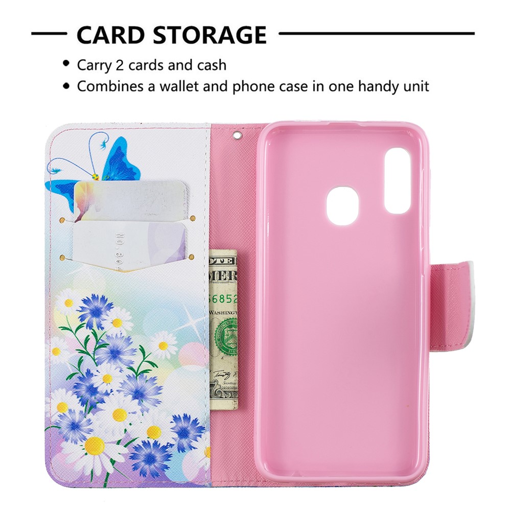 Custodia A Portafoglio In Similpelle Per Samsung Galaxy A20e - Farfalla Blu E Fiori-6