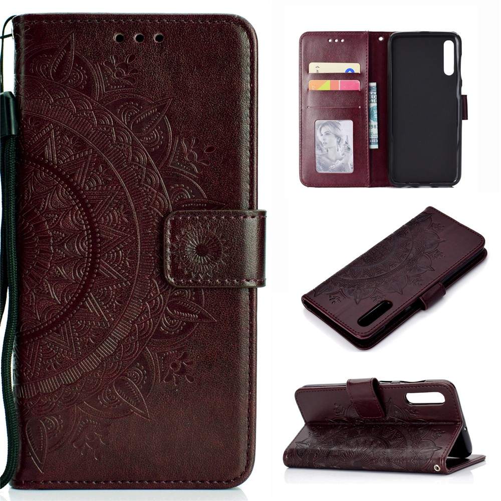 Imprint Flower Leather Wallet Case for Samsung Galaxy A70 - Brown-1