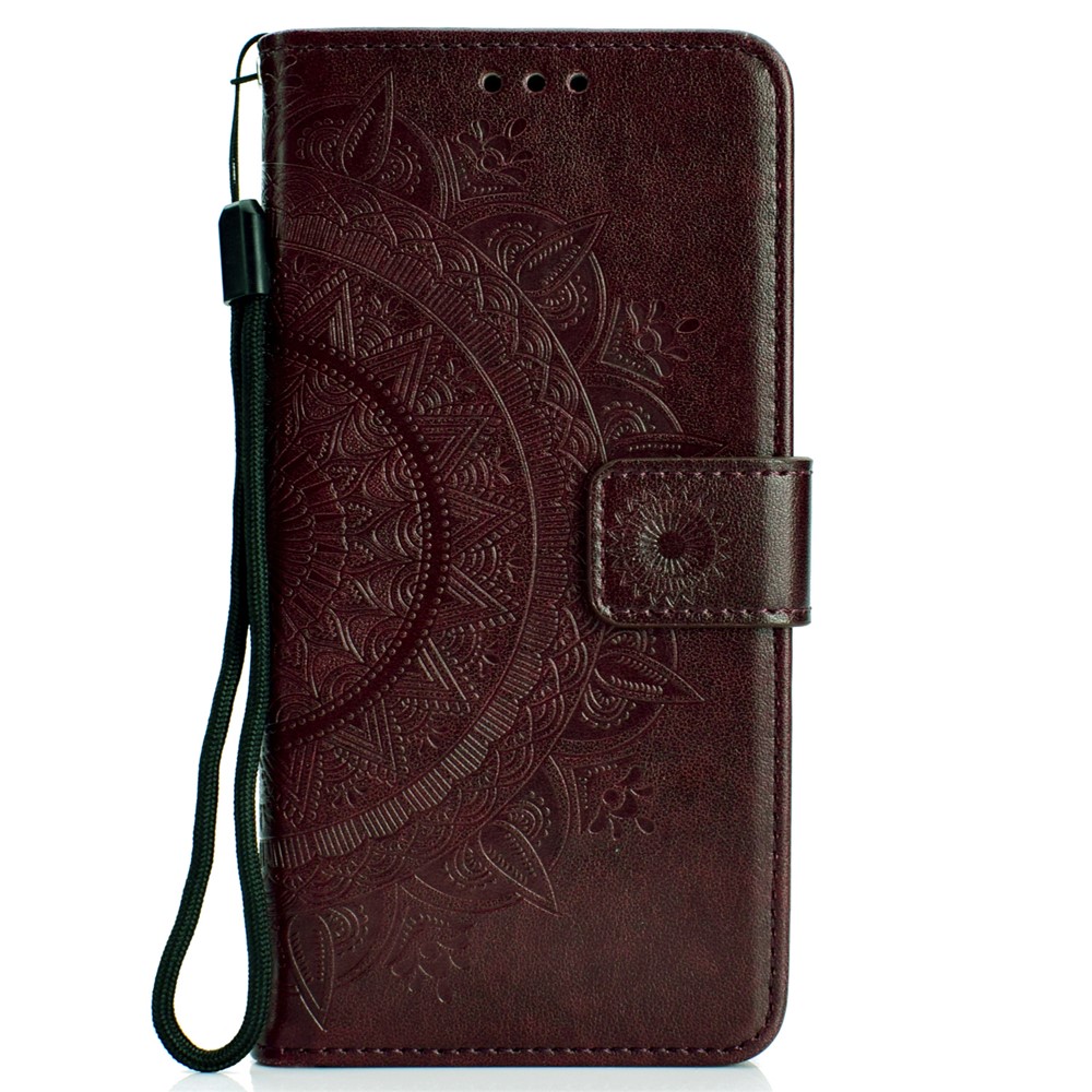 Imprint Flower Leather Wallet Case for Samsung Galaxy A70 - Brown-2