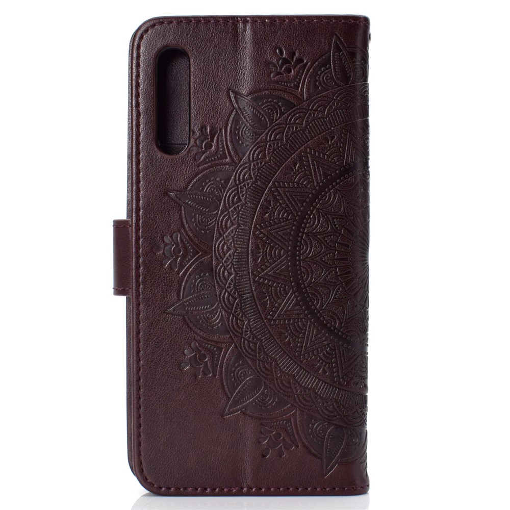 Imprint Flower Leather Wallet Case for Samsung Galaxy A70 - Brown-4