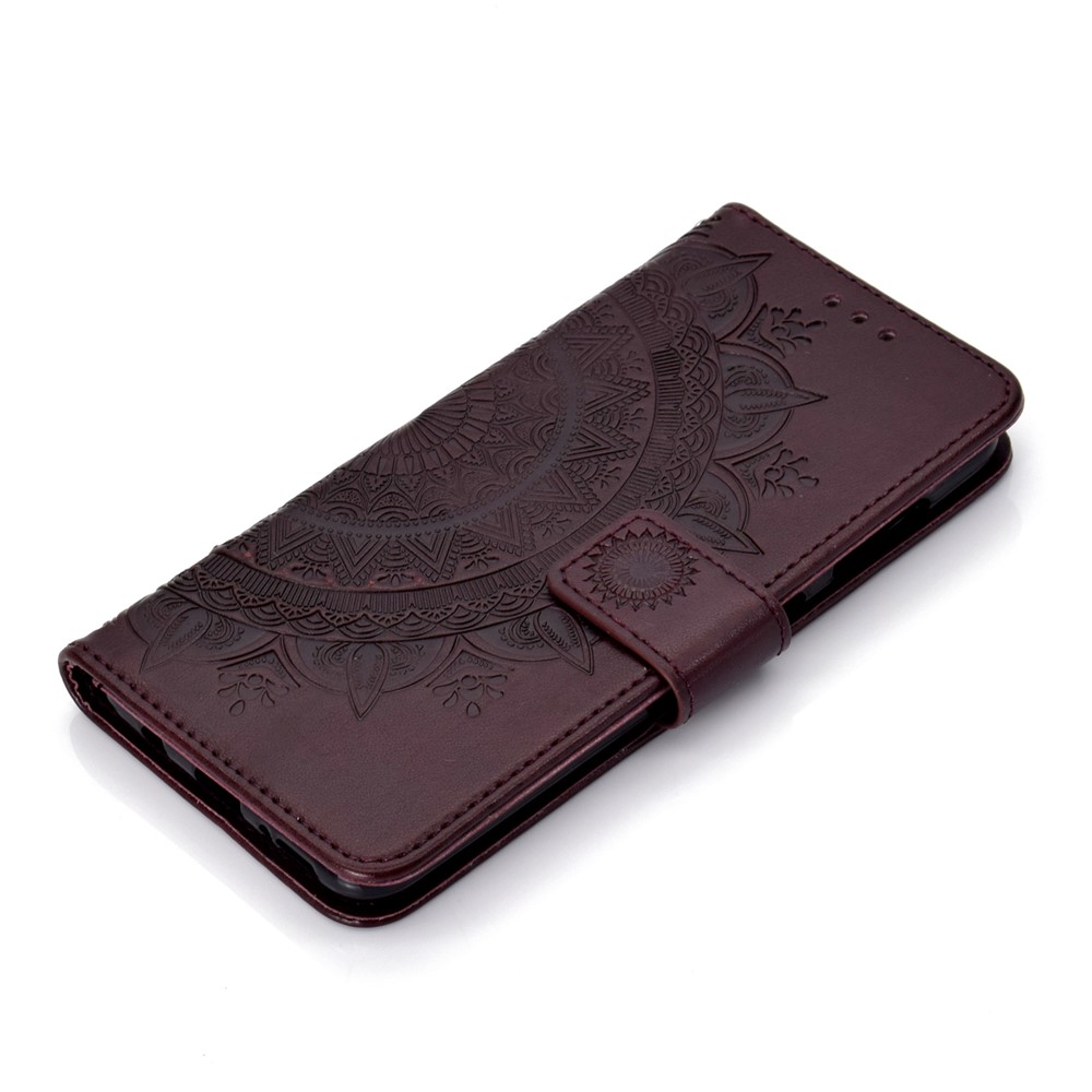 Imprint Flower Leather Wallet Case for Samsung Galaxy A70 - Brown-7