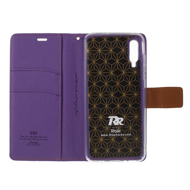 Caso De Carteira De Couro De Grão De Sarja ROAR KOREA Para Samsung Galaxy A70 - Roxa-4