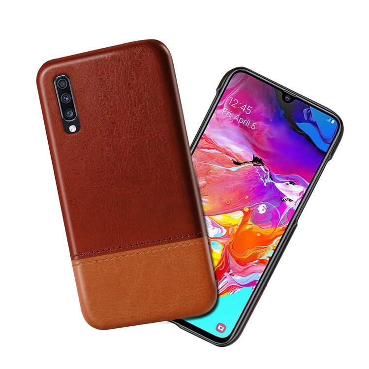 KSQ Bi-color Splicing Leather Phone Case for Samsung Galaxy A70 - Dark Brown/Light Brown-1