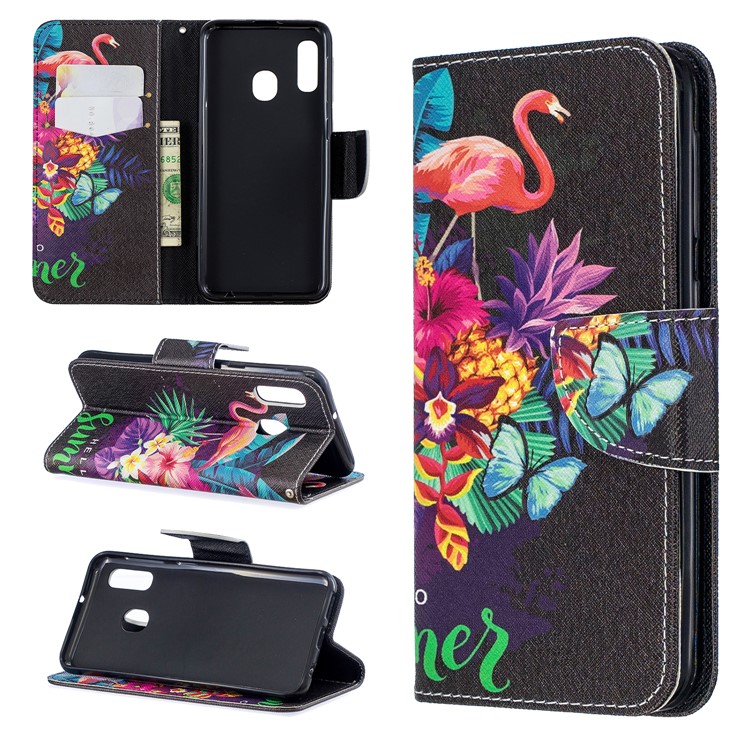 Pattern Printing Wallet Leather Stand Case for Samsung Galaxy A20e - Crane and Flowers-1