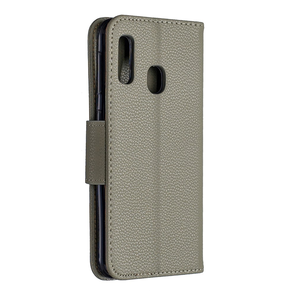 Caso De Carteira De Couro De Pele De Lichia Para Samsung Galaxy A20e - Cinzento-3