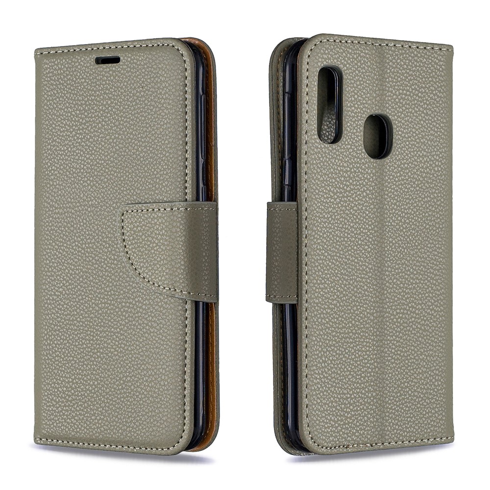 Caso De Carteira De Couro De Pele De Lichia Para Samsung Galaxy A20e - Cinzento-4