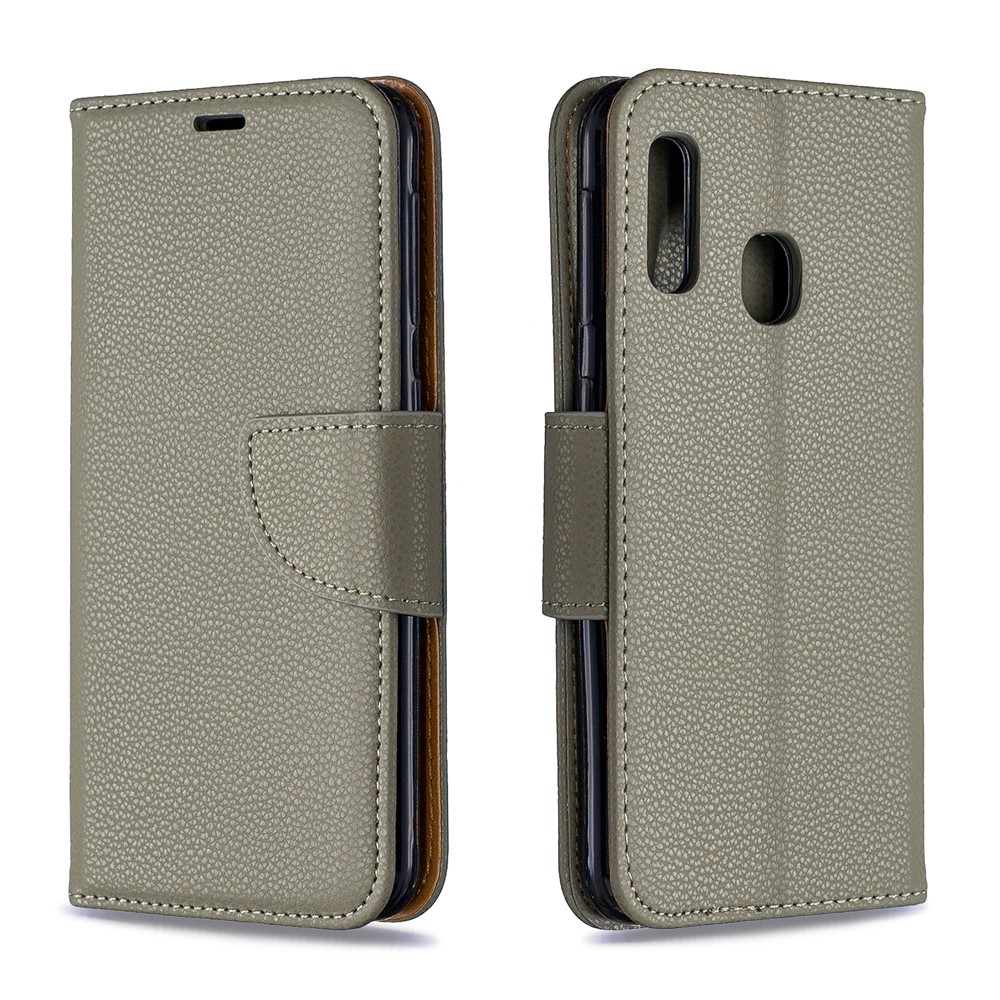 Litchi Skin Leather Cartet Case Para Samsung Galaxy A20e - Cinza-4