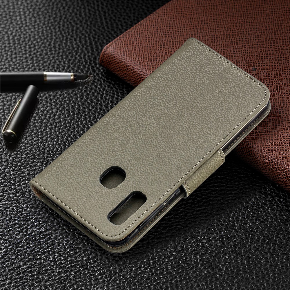 Caso De Carteira De Couro De Pele De Lichia Para Samsung Galaxy A20e - Cinzento-8