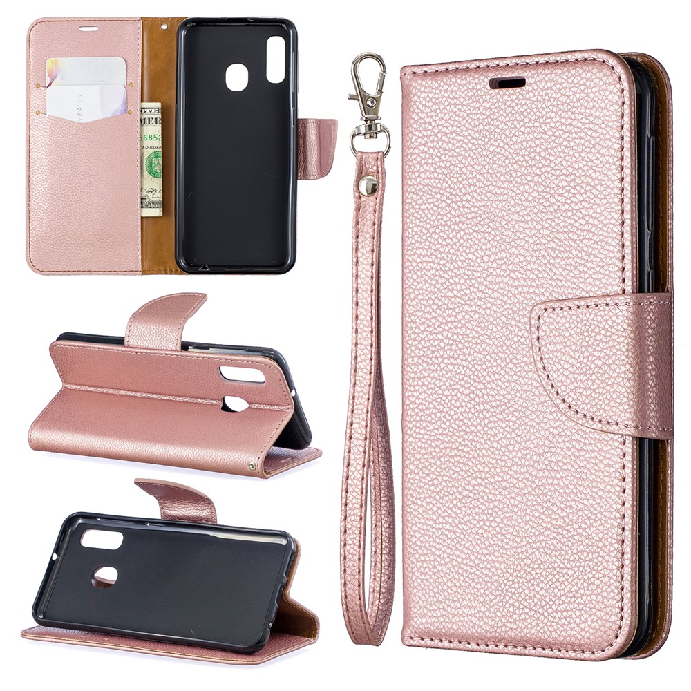 Litschi Haut Leder Brieftasche Für Samsung Galaxy A20E - Roségold-1