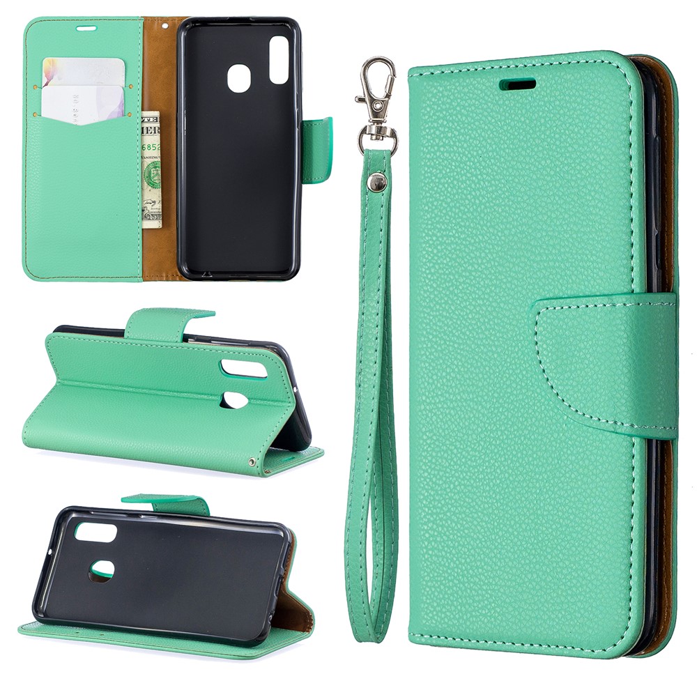 Litchi Skin Leather Wallet Case for Samsung Galaxy A20e - Green