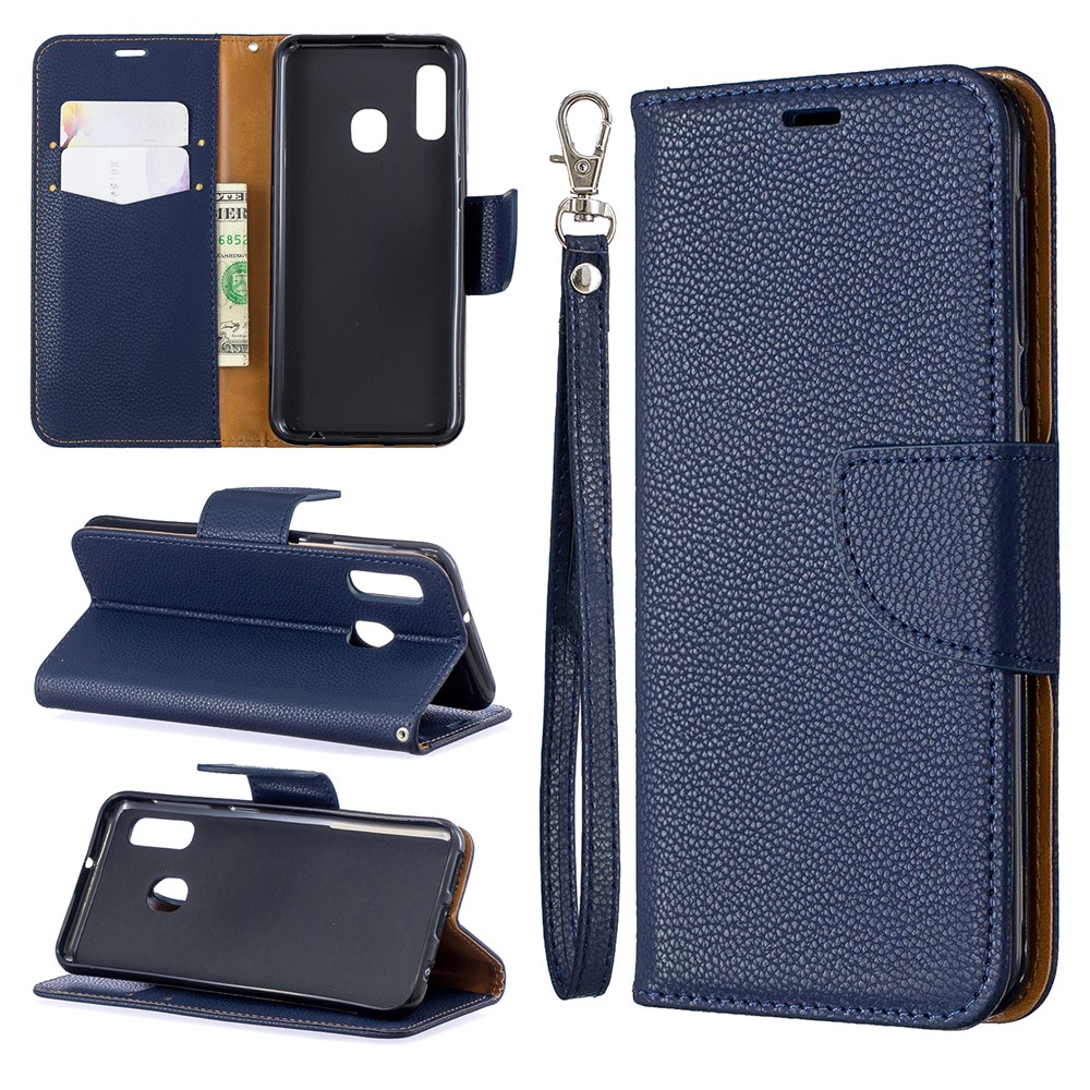 Litschi Haut Leder Brieftasche Für Samsung Galaxy A20E - Blau-1