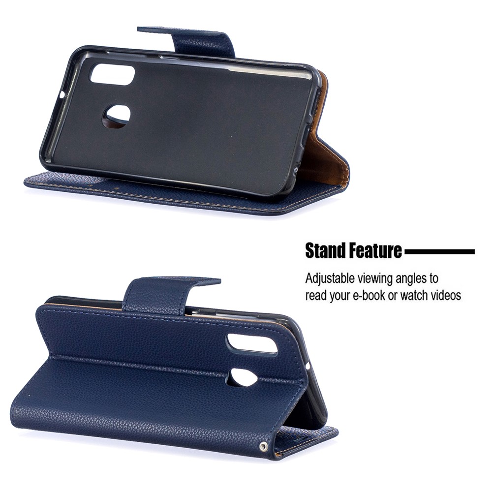Litschi Haut Leder Brieftasche Für Samsung Galaxy A20E - Blau-5