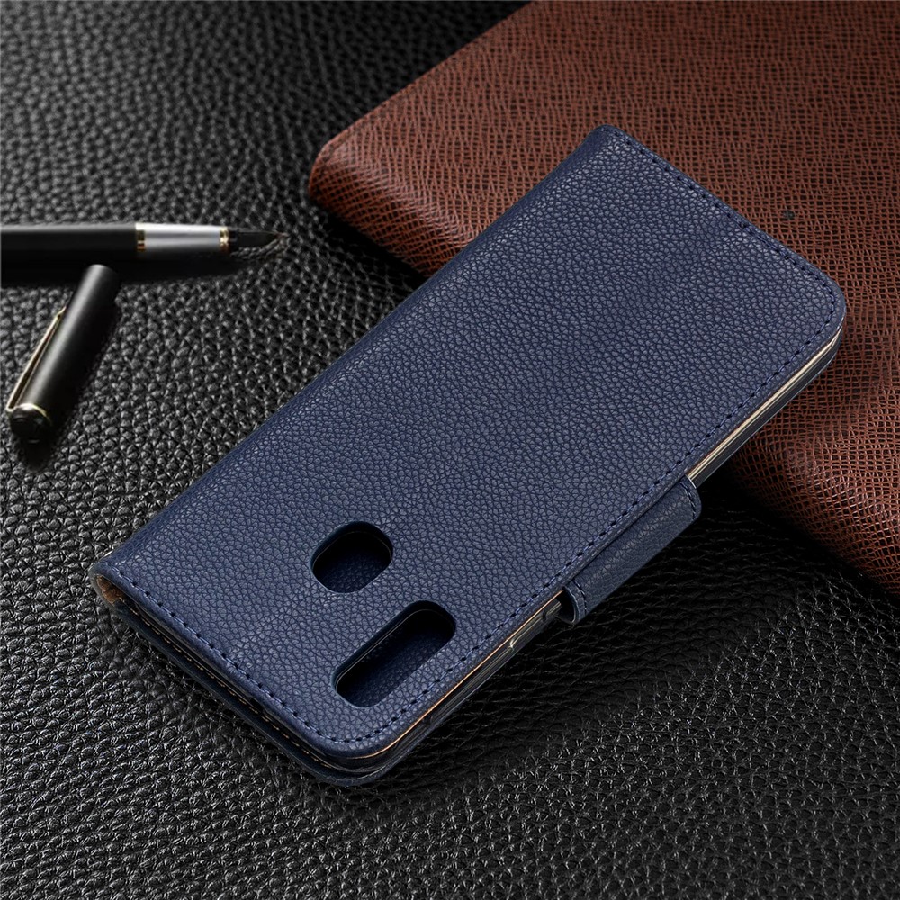 Litschi Haut Leder Brieftasche Für Samsung Galaxy A20E - Blau-8