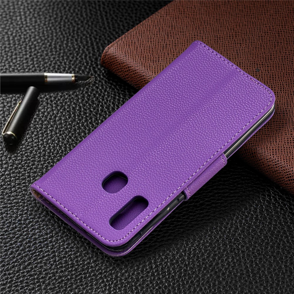 Caso De Carteira De Couro De Pele De Lichia Para Samsung Galaxy A20e - Roxa-8