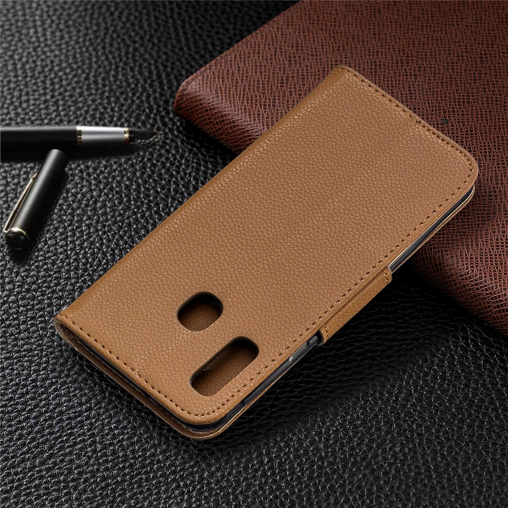 Litschi Haut Leder Brieftasche Für Samsung Galaxy A20E - Braun-8