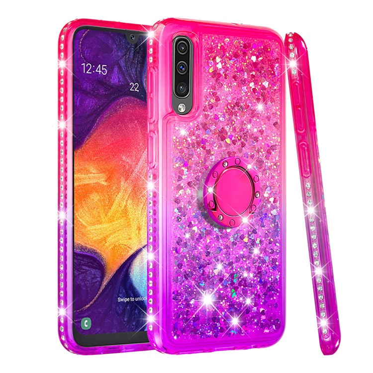 Rhinestone Decor Gradient Glitter Powder Quicksand TPU Case with Finger Ring Buckle for Samsung Galaxy A50 - Red/Purple-1