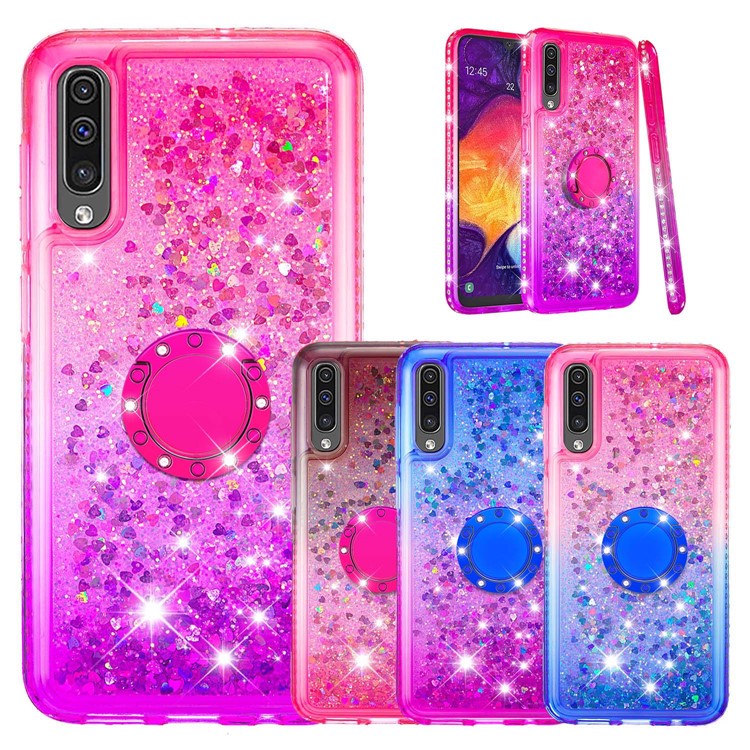 Rhinestone Decor Gradient Glitter Powder Quicksand TPU Case with Finger Ring Buckle for Samsung Galaxy A50 - Red/Purple-6