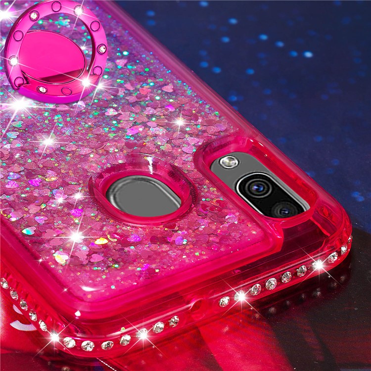 Rhinestone Decor Gradient Glitter Powder Quicksand TPU Shell with Finger Ring Buckle for Samsung Galaxy A30/A20 - Red/Purple-4