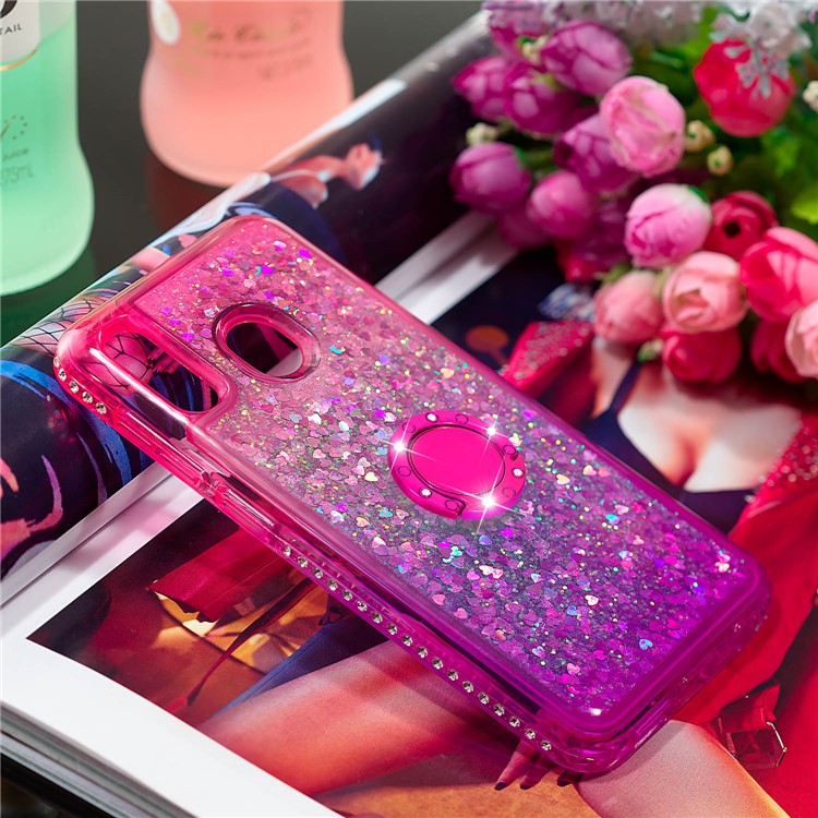 Rhinestone Decor Gradient Glitter Powder Quicksand TPU Shell with Finger Ring Buckle for Samsung Galaxy A30/A20 - Red/Purple-5