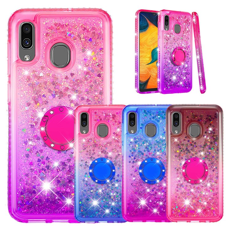 Rhinestone Decor Gradient Glitter Powder Quicksand TPU Shell with Finger Ring Buckle for Samsung Galaxy A30/A20 - Red/Purple-6