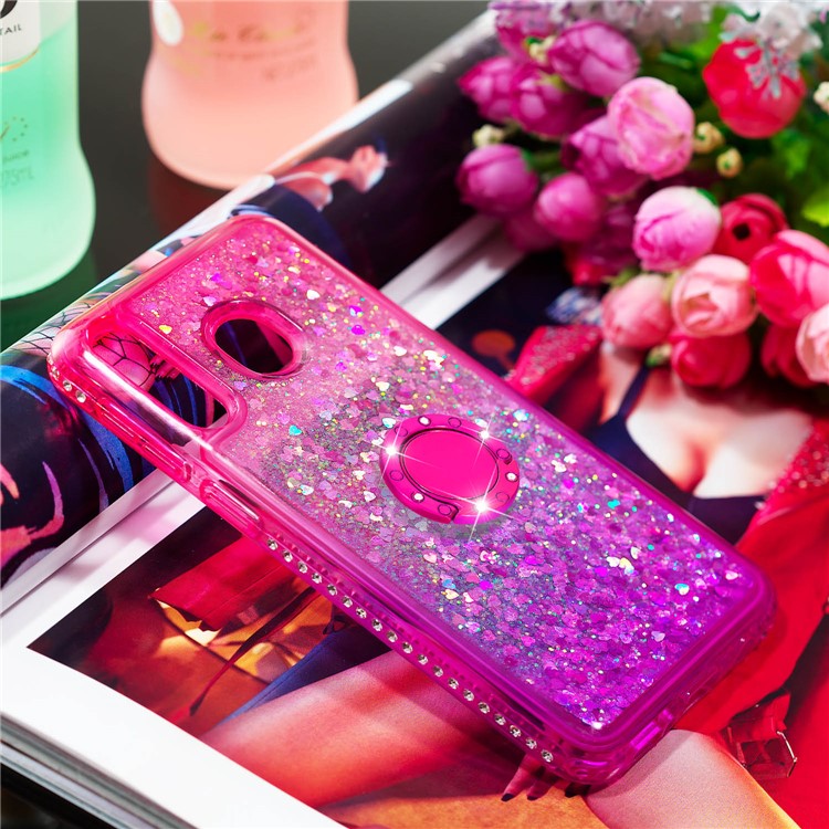 Rhinestone Decor Gradient Glitter Powder Quicksand TPU Casing with Finger Ring Buckle for Samsung Galaxy M30 - Red/Purple-5