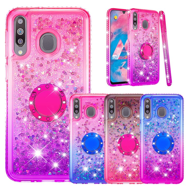 Rhinestone Decor Gradient Glitter Powder Quicksand TPU Casing with Finger Ring Buckle for Samsung Galaxy M30 - Red/Purple-6