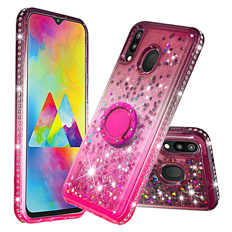 Rhinestone Decor Gradient Glitter Powder Quicksand TPU Cover with Finger Ring Buckle for Samsung Galaxy M20 - Brown/Red-1